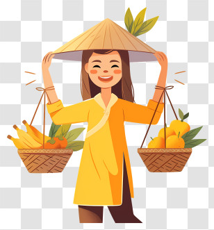 Vietnamese Woman Carrying Baskets - Woman Carrying Fruit Baskets Transparent PNG