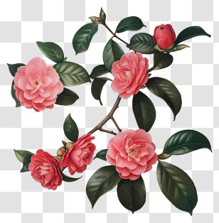 Spring Flowers - Branch With Beautiful Pink Camellias Transparent PNG