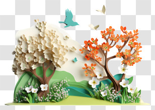 Spring Begins - Paper Art Trees With Birds Transparent PNG