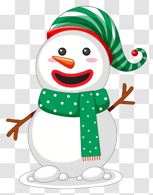 Cartoon Character - Cute Snowman With Green Scarf And Striped Hat Transparent PNG