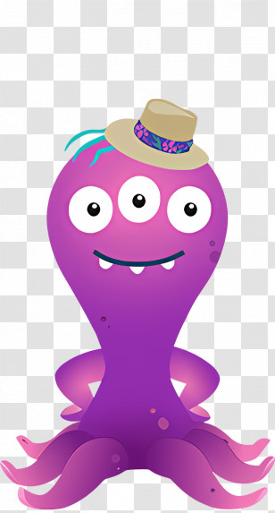 Cartoon Character - Purple Cartoon Octopus With Hat Transparent PNG