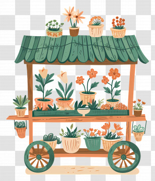 Flower Cart - Flower Cart With Potted Plants Transparent PNG