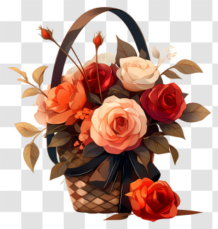 Rose Basket - Colorful Roses In Basket With Leaves Transparent PNG