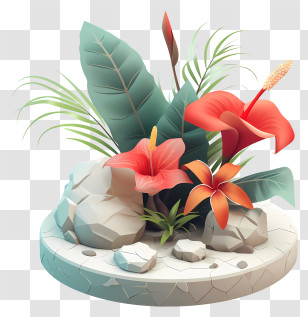 Zen Flower Arrangement - Tropical Flowers With Leaves And Rocks Transparent PNG