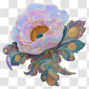 Elaborate Peony Art - Pastel Peony With Filigree Leaves Transparent PNG