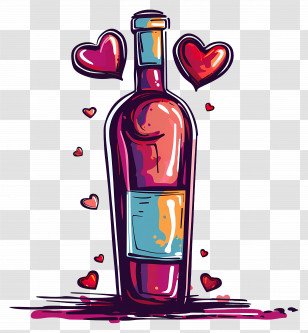 Wine Bottle - Romantic Red Wine Bottle With Hearts Transparent PNG
