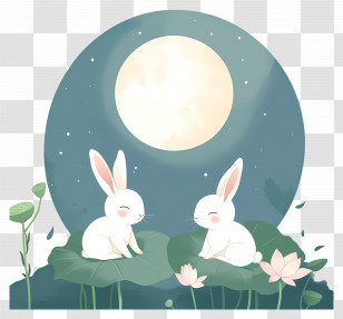 Mid Autumn Festival - Two Rabbits On Lotus Leaves Under Full Moon Transparent PNG