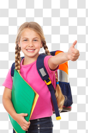 School - Smiling Girl With Thumbs Up And School Supplies Transparent PNG