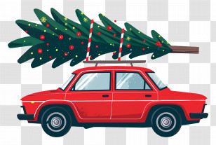 Christmas Tree On Car - Red Car Carrying A Christmas Tree Transparent PNG