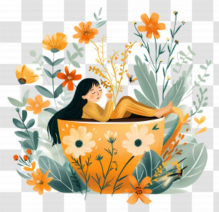 Rest - Whimsical Illustration Of Girl In Cup With Floral Background Transparent PNG