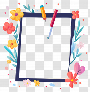 Letter Paper - Colorful Flower Frame With Pencil And Pen Transparent PNG