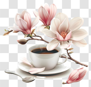 Spring Coffee Time - Elegant Coffee Cup With Magnolia Flowers Transparent PNG