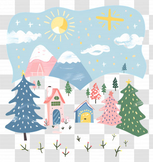 Snowy Winter Wonderland - Cute Winter Village With Snowy Mountains Transparent PNG