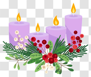Christmas Decorations - Purple Candles With Green Leaves And Berries Transparent PNG