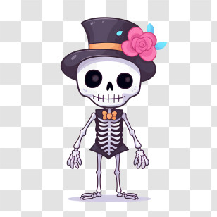 Halloween Skeleton - Cartoon Skeleton With Top Hat And Flower Transparent PNG