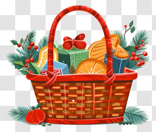 Red Wicker Basket - Festive Basket With Gifts And Oranges Transparent PNG
