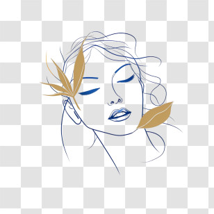 Hand Drawn Girl
 - Minimalist Face Line Art With Leaves Transparent PNG