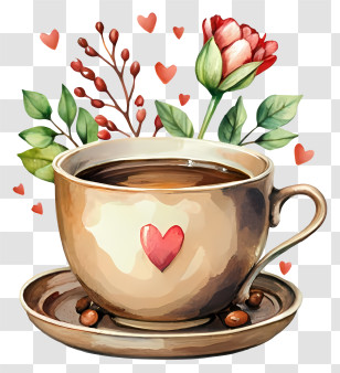 Cartoon - Coffee Cup With Heart And Flowers Transparent PNG