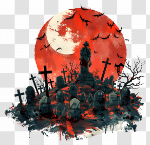 Zombie Cemetery - Spooky Graveyard Under Full Moon Transparent PNG