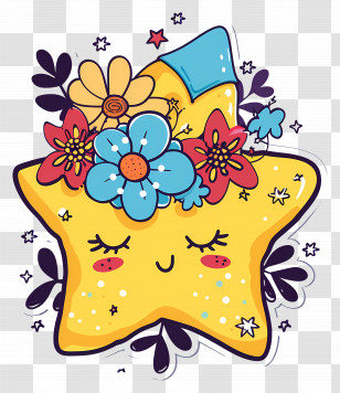 Kawaii Star - Yellow Star With Flowers And Cute Smile Transparent PNG