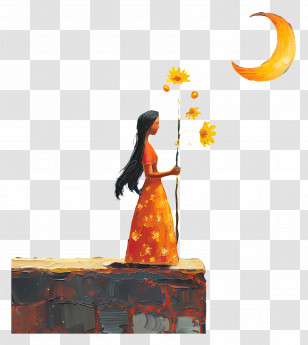 Summer Night - Girl Holding Flowers Under The Moon Transparent PNG