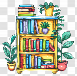 Shelf Furniture - Illustration Of A Colorful Bookshelf With Plants Transparent PNG