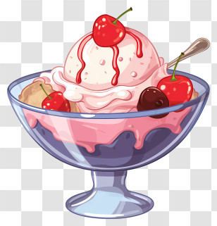 Dessert - Ice Cream Sundae With Cherries In A Glass Cup Transparent PNG