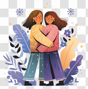 Friendship Day - Winter-themed Hug Illustration Of Two Girls In Sweaters Transparent PNG