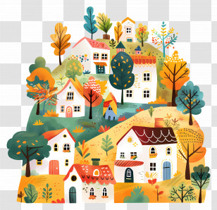Autumn Landscape - Colorful Cute Village Illustration With Houses And Trees Transparent PNG