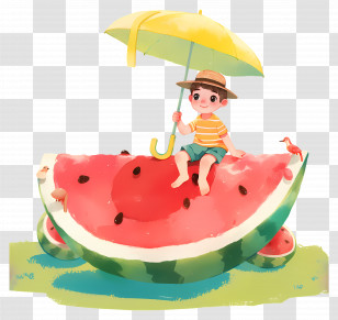 Watermelon Poster - Kid Sitting On Watermelon Slice With Umbrella Transparent PNG