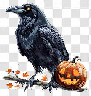 Crow - Black Raven With Halloween Pumpkin Illustration Transparent PNG