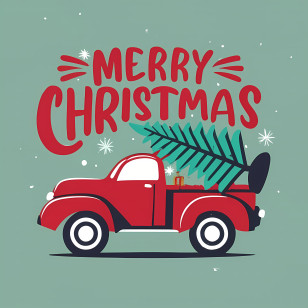 Merry Christmas - Vintage Red Truck With Christmas Tree Illustration Transparent PNG
