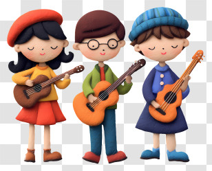 Kids Playing Music - Cartoon Band With Guitars Transparent PNG