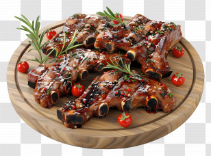 Cooked Meat - Delicious Grilled Ribs With Rosemary And Tomatoes Transparent PNG