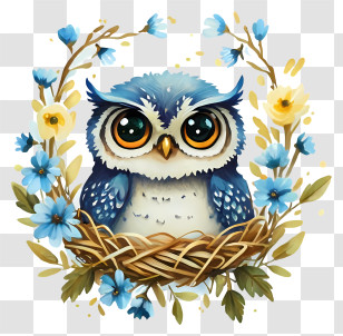 Cartoon - Cute Owl In Nest Surrounded By Flowers Transparent PNG