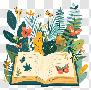 Scrapbook - Open Book With Butterflies And Plants Transparent PNG