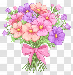 Pink Bouquet - Beautiful Floral Bouquet Illustration With Pink Ribbon Transparent PNG