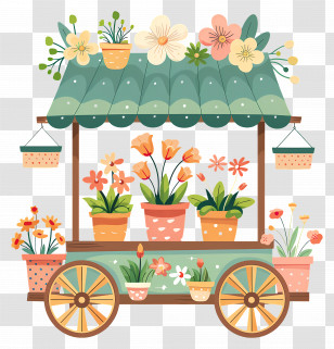 Flower Cart - Charming Cartoon Flower Cart With Blooming Plants Transparent PNG