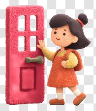 Girl Opening Door - Girl With Red Door In Cartoon Style Transparent PNG