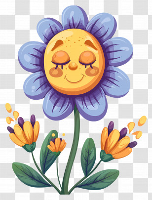 Flower Emoji - Smiling Cartoon Flower With Purple Petals Transparent PNG