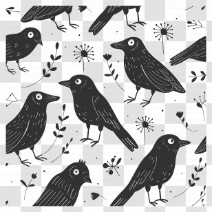 Crow Pattern - Pattern Of Black Birds And Flowers Transparent PNG