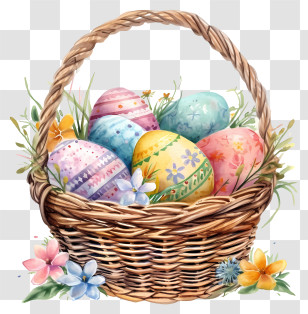 Watercolor Easter Egg Basket - Easter Egg Basket With Flowers Illustration Transparent PNG