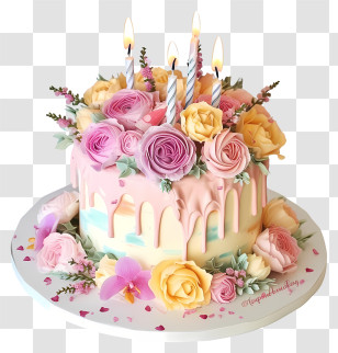 Pastel Birthday Cake And Flowers - Beautiful Flower-Decorated Birthday Cake Transparent PNG