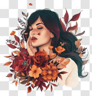 Intricate Composition - Artistic Woman With Flowers And Autumn Leaves Transparent PNG