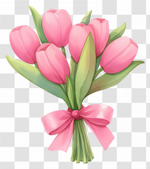 Pink Tulip Bouquet - Pink Tulip Bouquet With Ribbon Transparent PNG