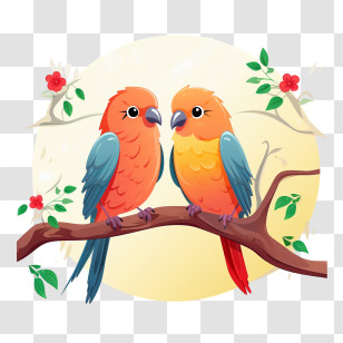 Love Birds - Colorful Parrots Perched On A Branch Transparent PNG