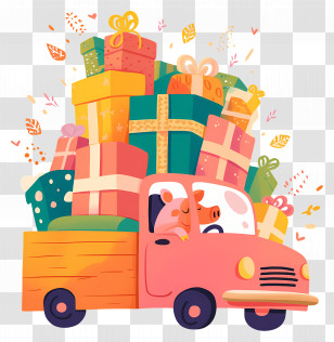 Car Full Of Gifts - Cartoon Pink Truck Carrying Gift Boxes Transparent PNG
