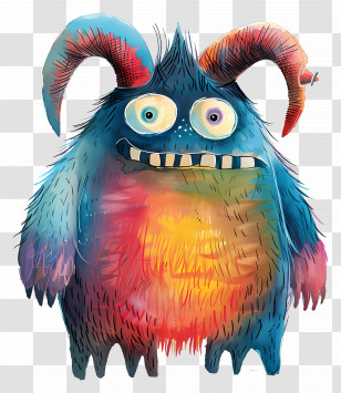 Cartoon Monster - Colorful Furry Monster With Horns Transparent PNG