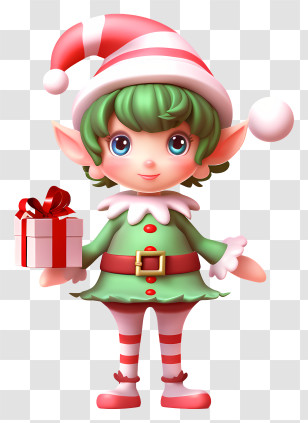 Cartoon Elf - Cute Christmas Elf With Gift Transparent PNG