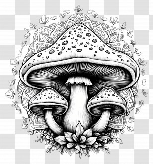 Mushroom Coloring Page - Black And White Intricate Mushrooms Drawing Transparent PNG